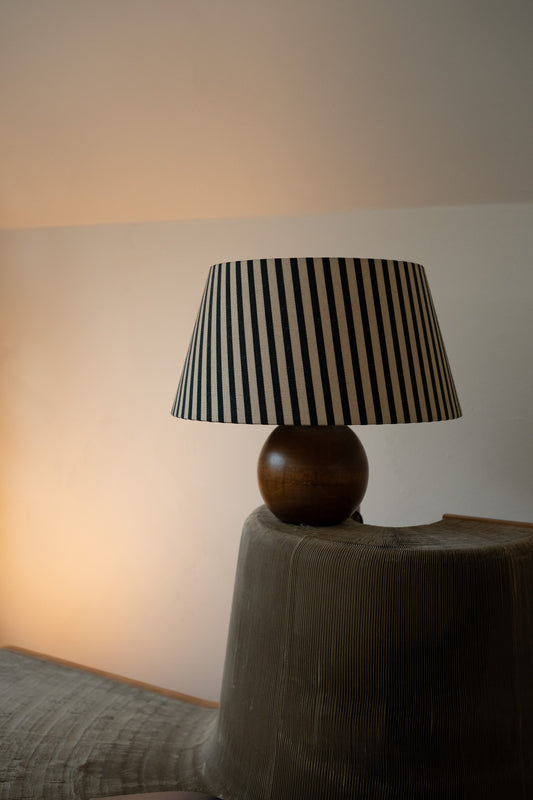 Vintage solid wood sphere table lamp with striped shade