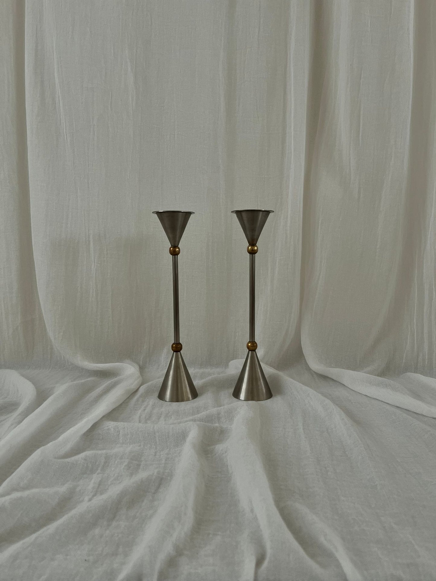 Memphis Milano style - candlestick holders - set of 2 - brass - chrome - 1980s