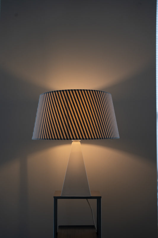 Obelisk ceramic lamp with blue striped shade