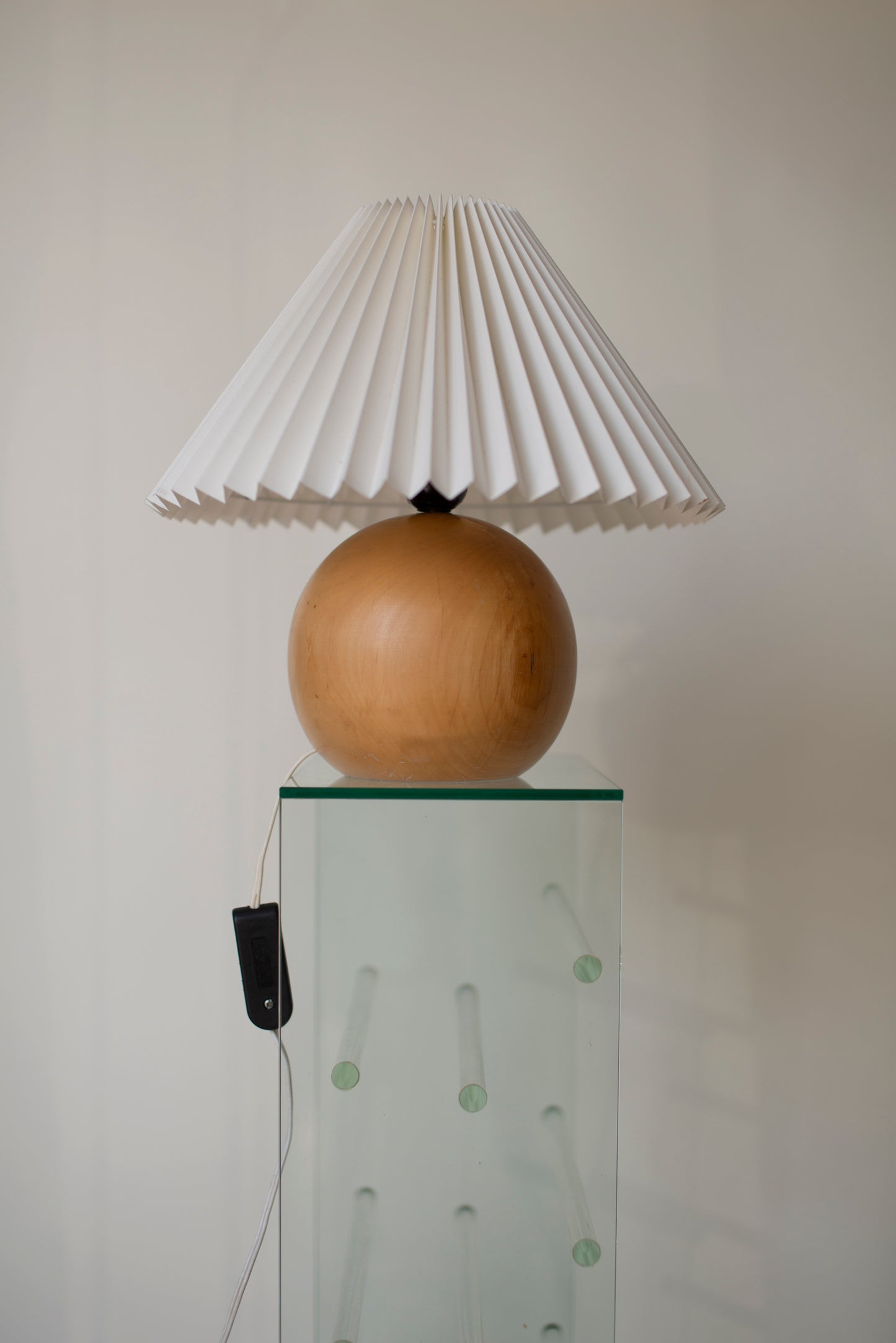 Wooden ball lamp with plisse shade