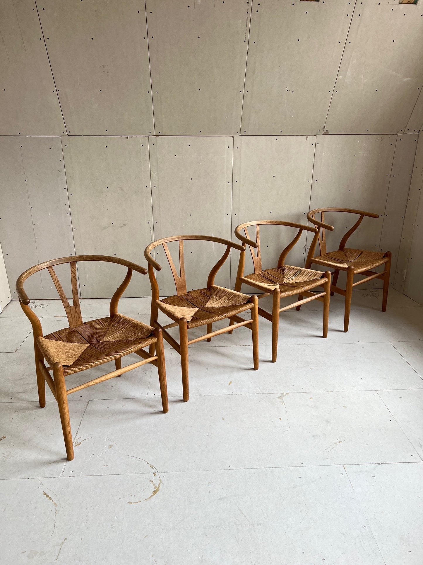 set of 4 rare original wishbone chairs by Hans J. Wegner 1973